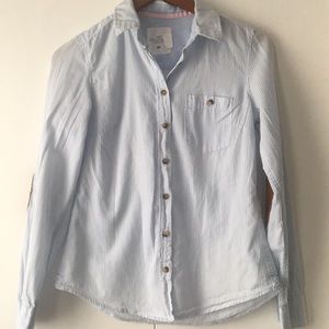H&M Logg blue striped button up brn elbow patches